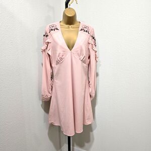 XOXO Dress Womens Lge Coquette Fairy Cottage Y2K Pink Embroidered Floral Ruffle